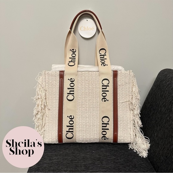 NWT Chloé Medium Woody Woven Fringe Tote Bag White & Brown - Picture 2 of 10